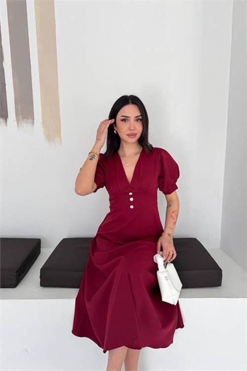 Kadın bordo V yaka midi boy düğme detaylı kısa kol elbise DPK4612