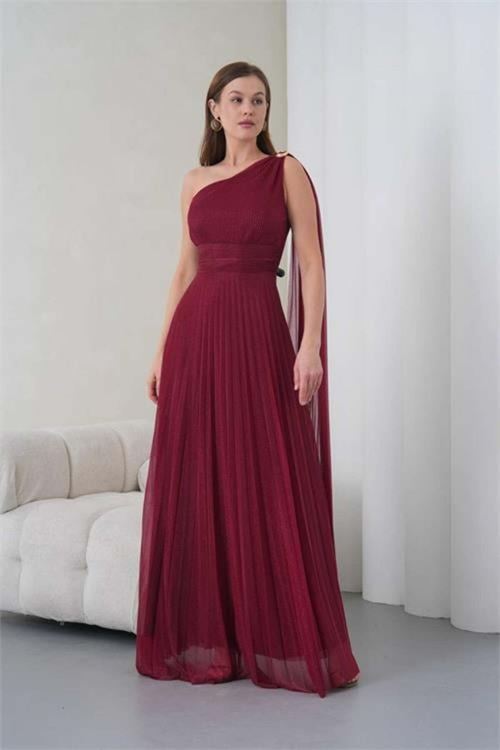 Kadın bordo tek omuz pelerin detaylı simli tül kumaş abiye elbise DPS9388