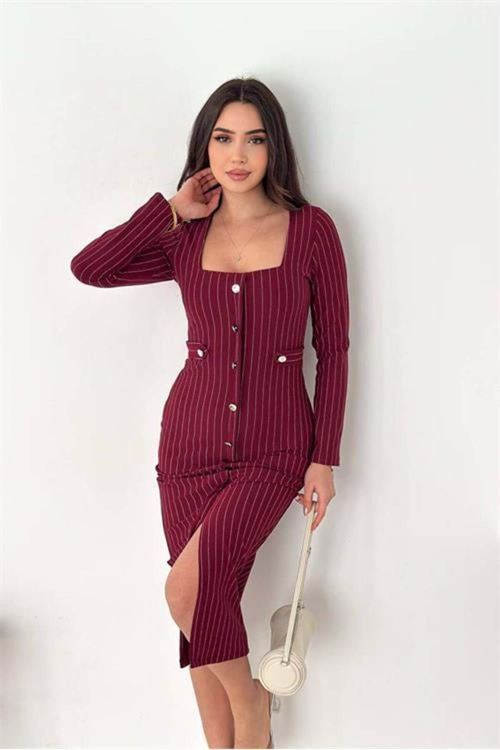 Kadın çizgili desen kare yaka midi boy düğme detaylı elbise DPK069