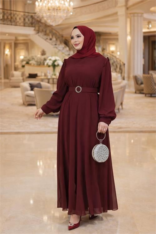 Kadın bordo tül kumaş kemer detaylı büyük beden tesettür elbise DPFT006