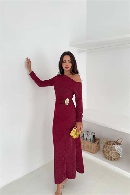 Kadın tek omuzlu maxi boy tokalı elbise DPK4361