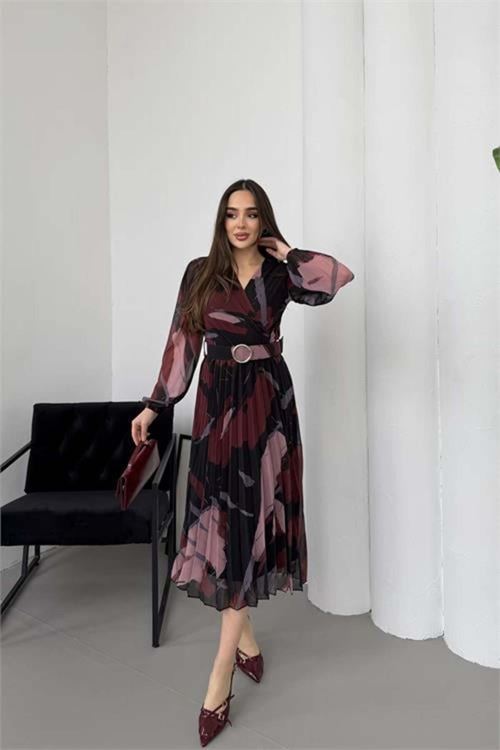 Kadın bordo astarlı şifon piliseli kemerli midi elbise DPELB04