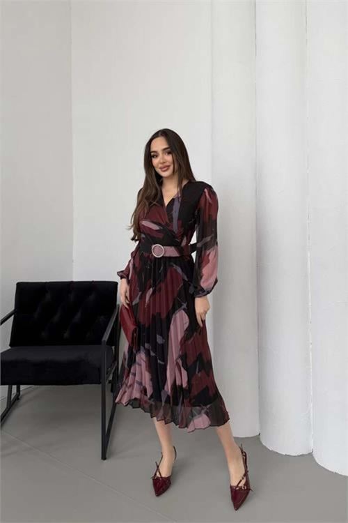 Kadın bordo astarlı şifon piliseli kemerli midi elbise DPELB04