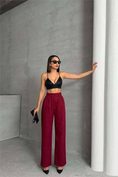 kadın bordo beli cırtlı palazzo kumaş pantolon DPG063