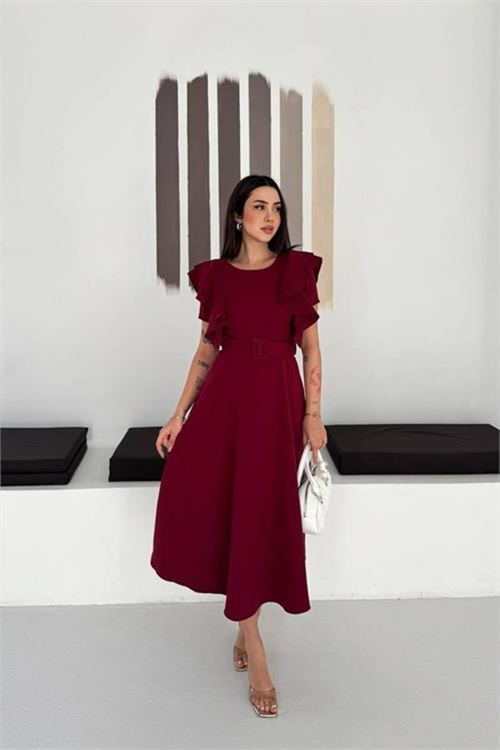 Kadın bordo kemer detaylı kol fırfırlı midi boy elbise DPK4559
