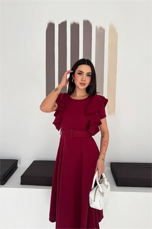 Kadın bordo kemer detaylı kol fırfırlı midi boy elbise DPK4559