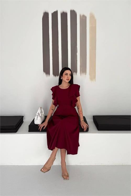Kadın bordo kemer detaylı kol fırfırlı midi boy elbise DPK4559