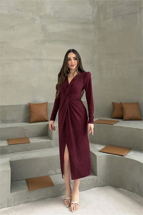 Kadın bordo anvelop büzgülü simli premium midi elbise DPELB08