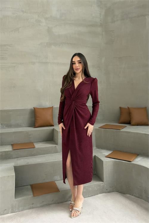 Kadın bordo anvelop büzgülü simli premium midi elbise DPELB08