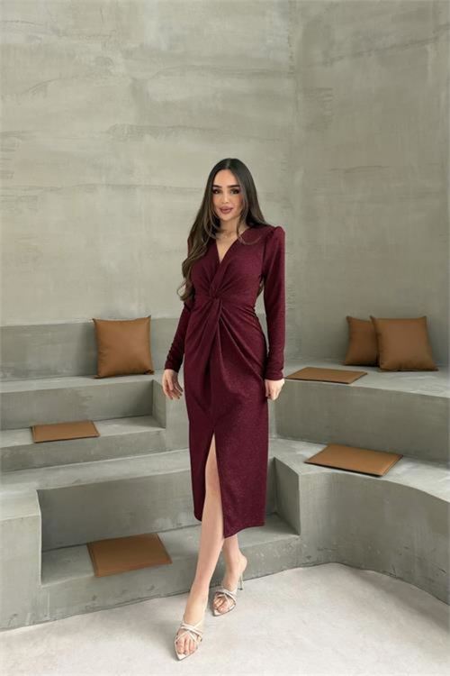 Kadın bordo anvelop büzgülü simli premium midi elbise DPELB08
