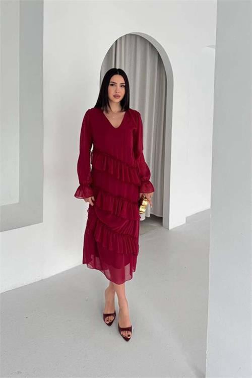 Kadın bordo V yaka kat kat fırfır detaylı midi boy şifon elbise DPK079