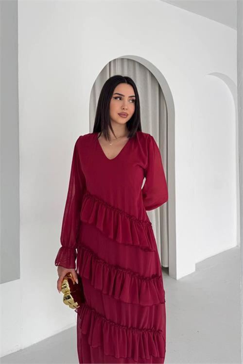 Kadın bordo V yaka kat kat fırfır detaylı midi boy şifon elbise DPK079