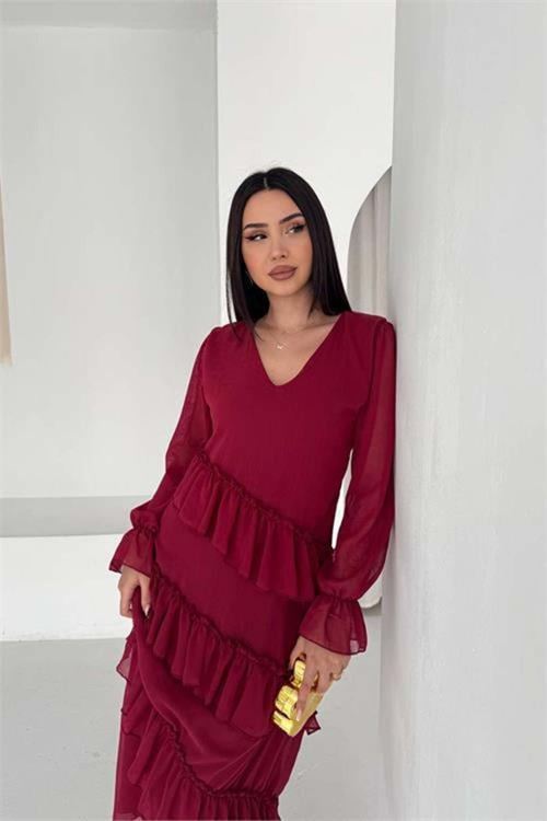 Kadın bordo V yaka kat kat fırfır detaylı midi boy şifon elbise DPK079