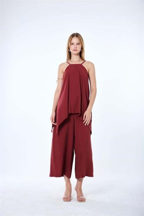 Kadın bordo ince askılı asimetrik kesim bluz pantolon ikili takım DPMY4070