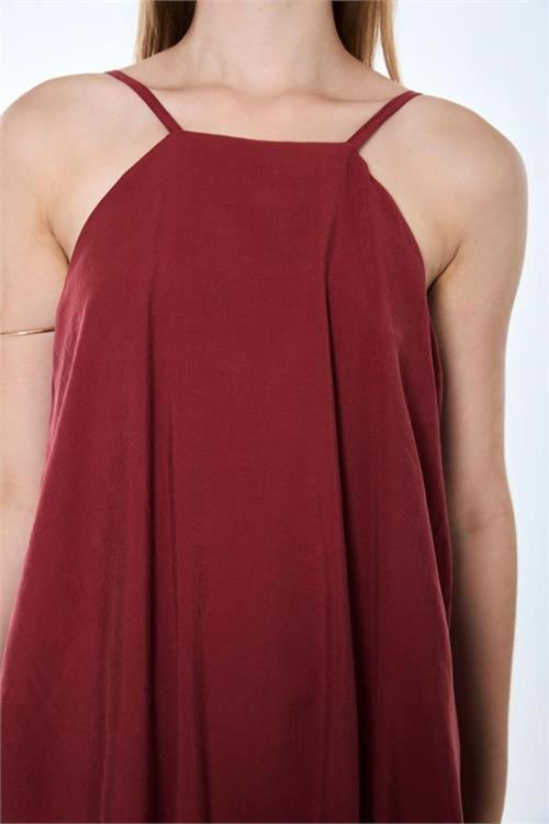 Kadın bordo ince askılı asimetrik kesim bluz pantolon ikili takım DPMY4070