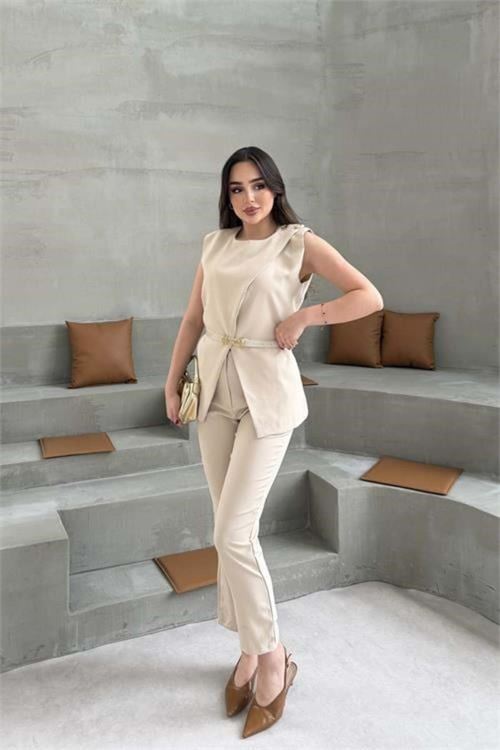 Kadın bej omuz düğme detaylı kolsuz blazer pantolon takım ---DPTKM4061