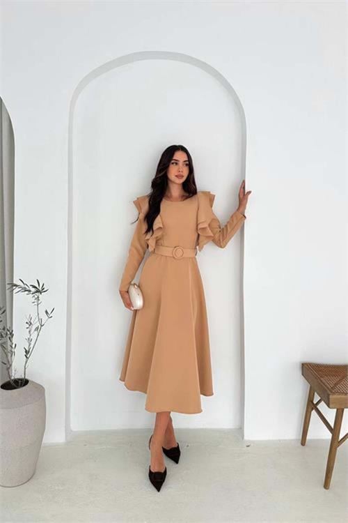 Kadın omuz detaylı midi elbise DPK4309
