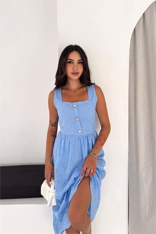 Kadın bebe mavi fisto işlemeli düğme detaylı midi boy kare yaka elbise DPK4644