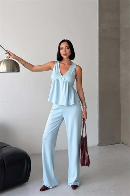 Kadın bebe mavi modal kumaş volanlı atlet geniş paça pantolon yazlık ikili takım DPG132