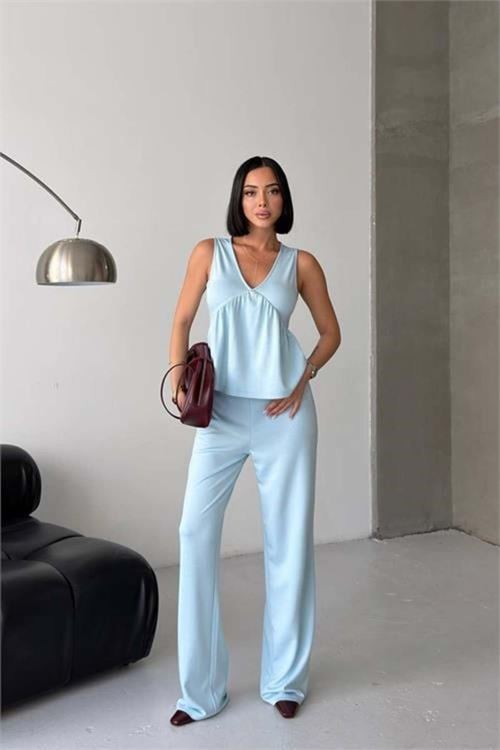 Kadın bebe mavi modal kumaş volanlı atlet geniş paça pantolon yazlık ikili takım DPG132