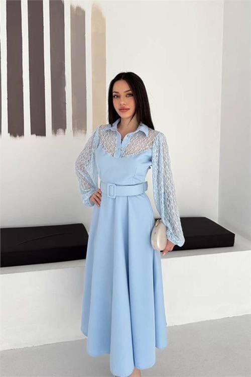 Kadın bebe mavi gömlek yaka transparan üst detaylı kemerli midi boy elbise DPK4581