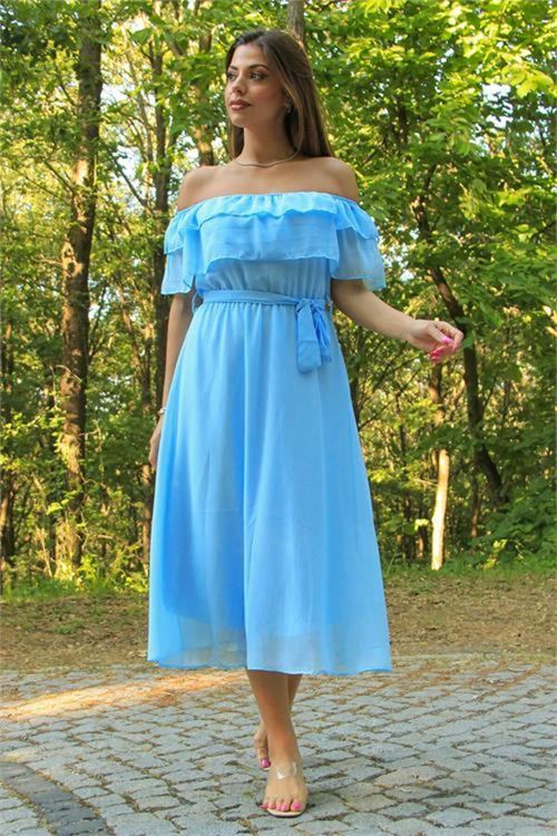 kadın bebe mavisi kuşaklı madonna yaka baby shower elbise DP8060