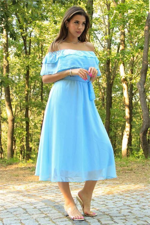 kadın bebe mavisi kuşaklı madonna yaka baby shower elbise DP8060