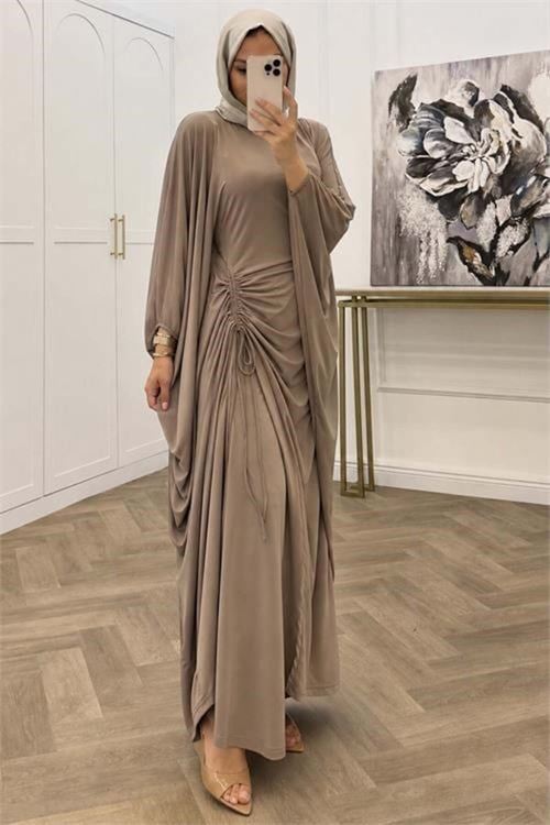 Kadın bej büzgü detaylı premium tunik pantolon tesettür takım NMS103