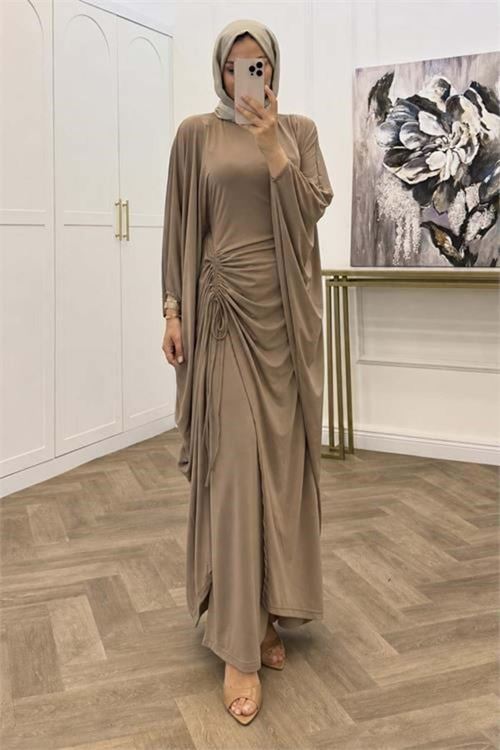 Kadın bej büzgü detaylı premium tunik pantolon tesettür takım NMS103