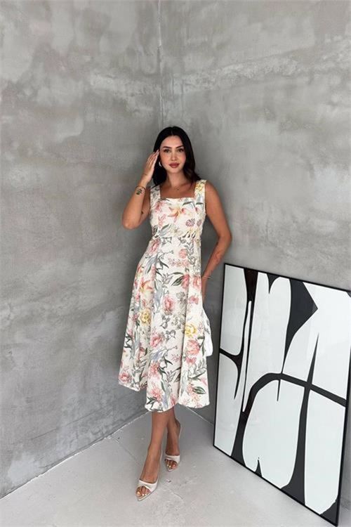 Kadın ekru kare yaka çiçek desenli kolsuz beli oturan midi elbise DPK4670