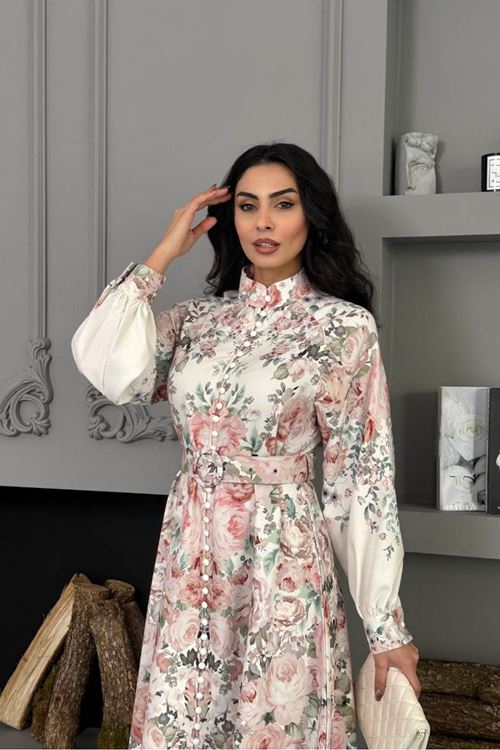 kadın ithal kumaş kemerli tam düğmeli çiçek desenli ekru tasarım elbise DPMS25115