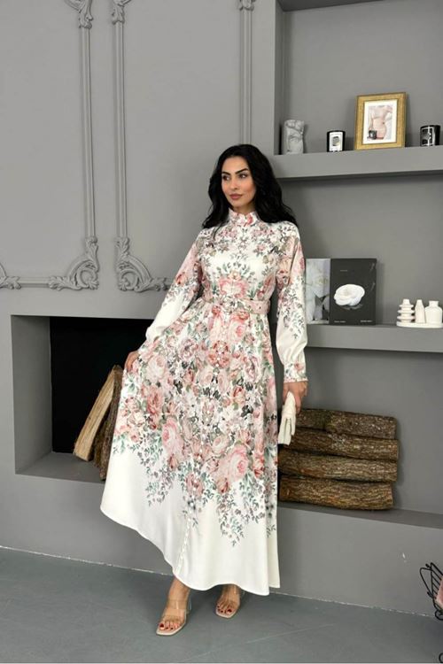 kadın ithal kumaş kemerli tam düğmeli çiçek desenli ekru tasarım elbise DPMS25115