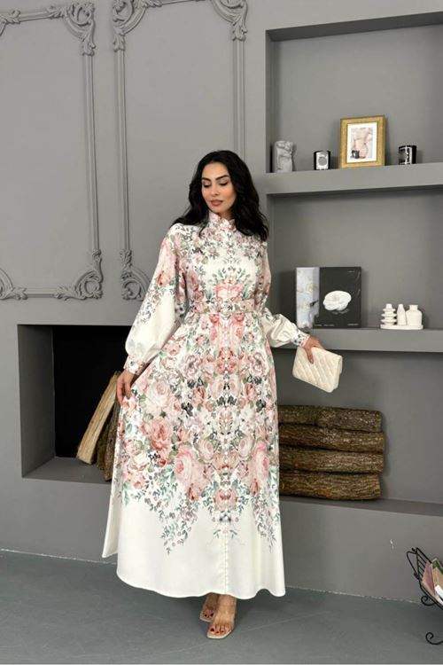 kadın ithal kumaş kemerli tam düğmeli çiçek desenli ekru tasarım elbise DPMS25115