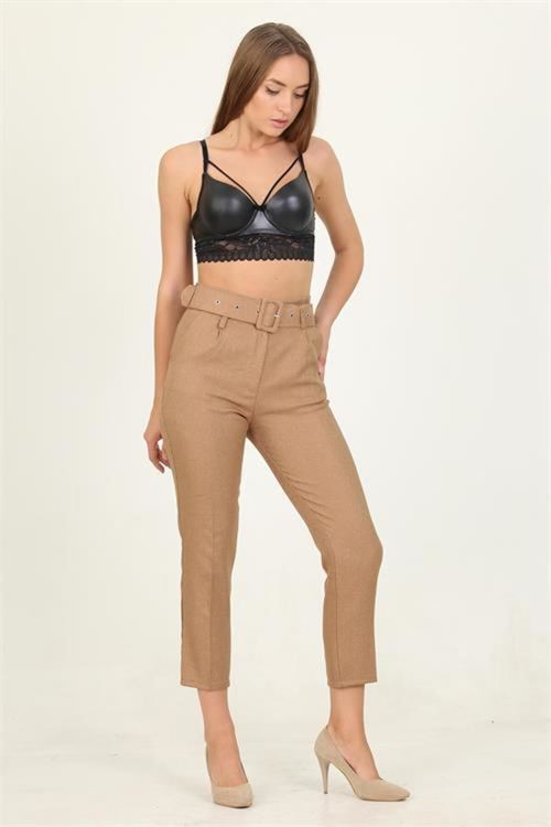 kadın camel cepli kemer detaylı kumaş pantolon DPQNS026
