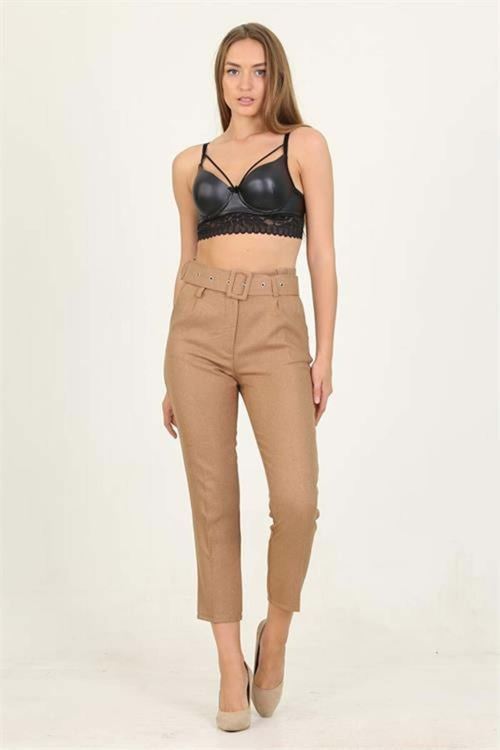 kadın camel cepli kemer detaylı kumaş pantolon DPQNS026