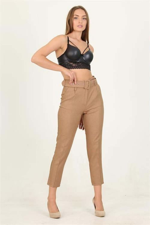 kadın camel cepli kemer detaylı kumaş pantolon DPQNS026