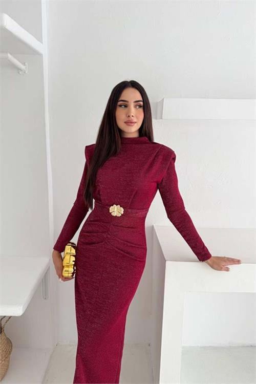 Kadın vatkalı toka detaylı elbise DPK4358