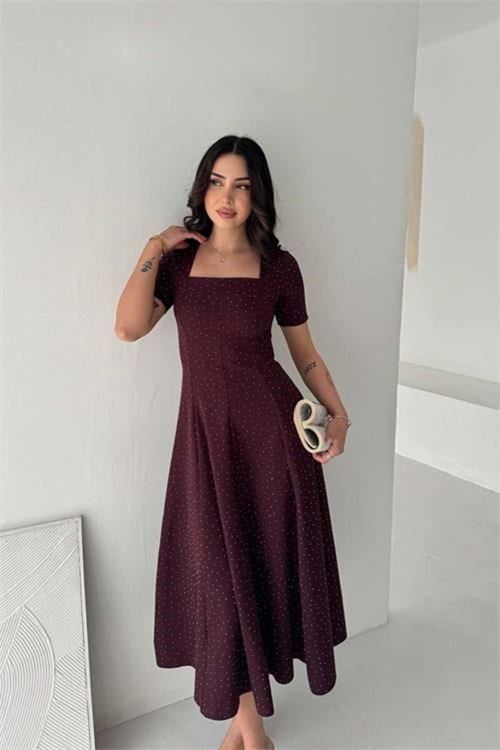Kadın bordo taş detaylı kare yaka midi boy kısa kollu elbise DPK4605
