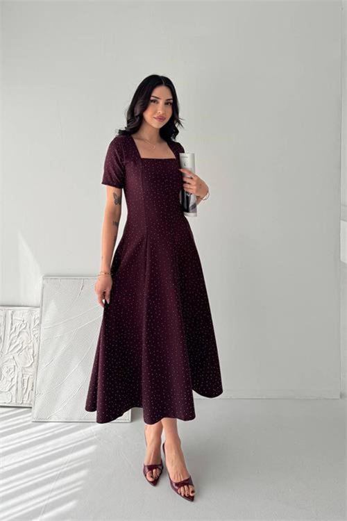 Kadın bordo taş detaylı kare yaka midi boy kısa kollu elbise DPK4605