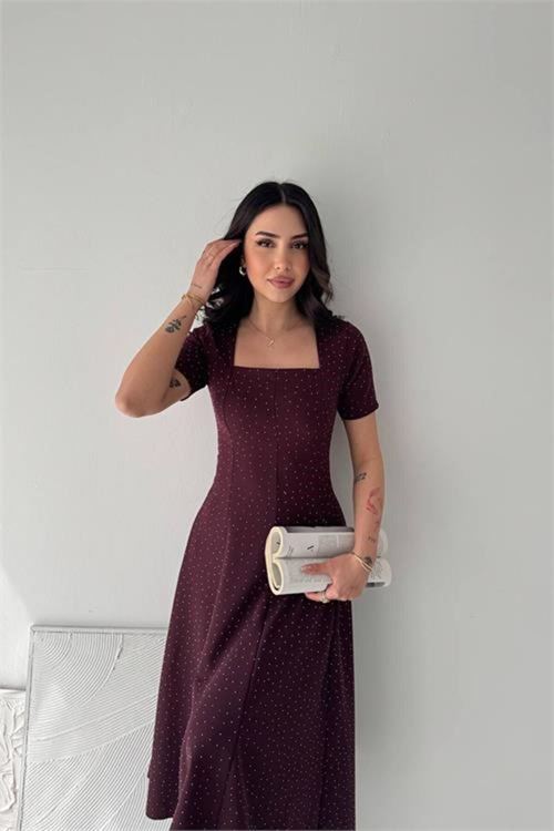 Kadın bordo taş detaylı kare yaka midi boy kısa kollu elbise DPK4605