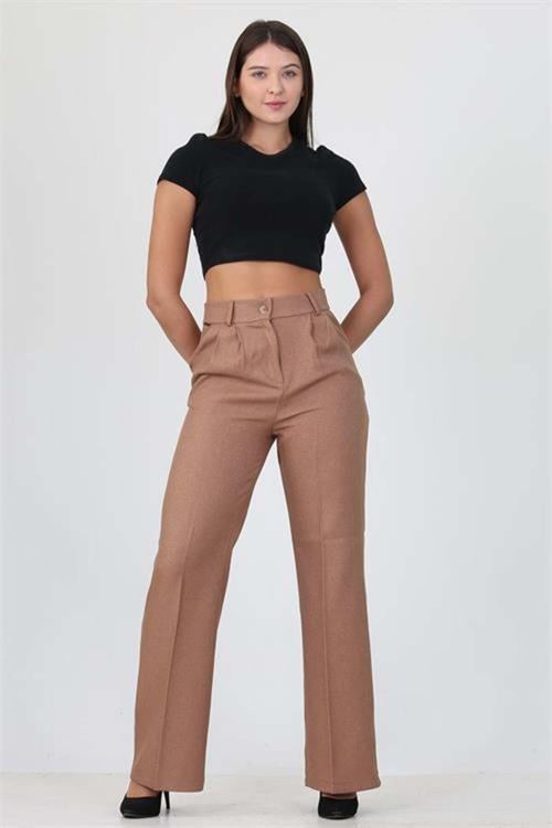 kadın camel yüksek bel cepli palazzo kumaş pantalon DPELA001