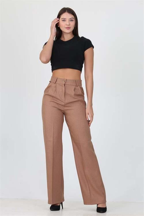 kadın camel yüksek bel cepli palazzo kumaş pantalon DPELA001