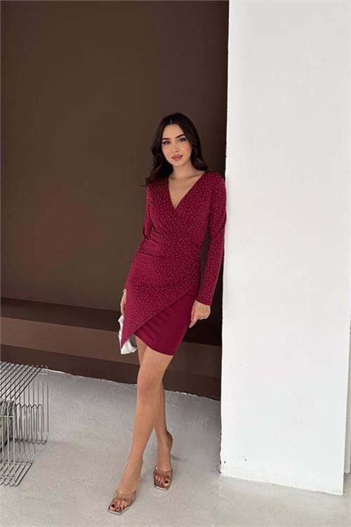 Kadın bordo taş detaylı uzun kol drapeli V yaka mini boy elbise DPK071