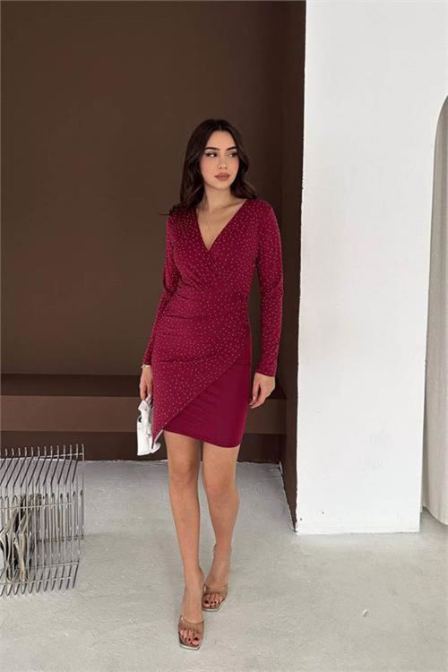Kadın bordo taş detaylı uzun kol drapeli V yaka mini boy elbise DPK071