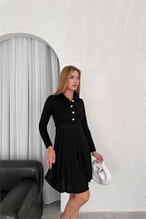 kadın triko düğme detaylı piliseli mini elbise DPK2166