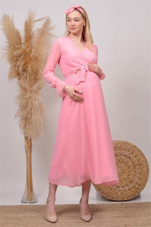 kadın pudra kruvaze yaka baby shower şifon hamile elbise HML003