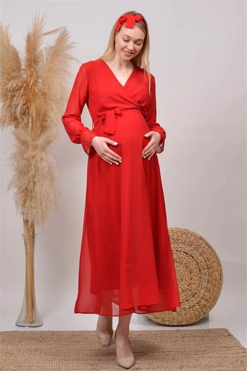 kadın kırmızı baby shower şifon hamile elbise DPHML003