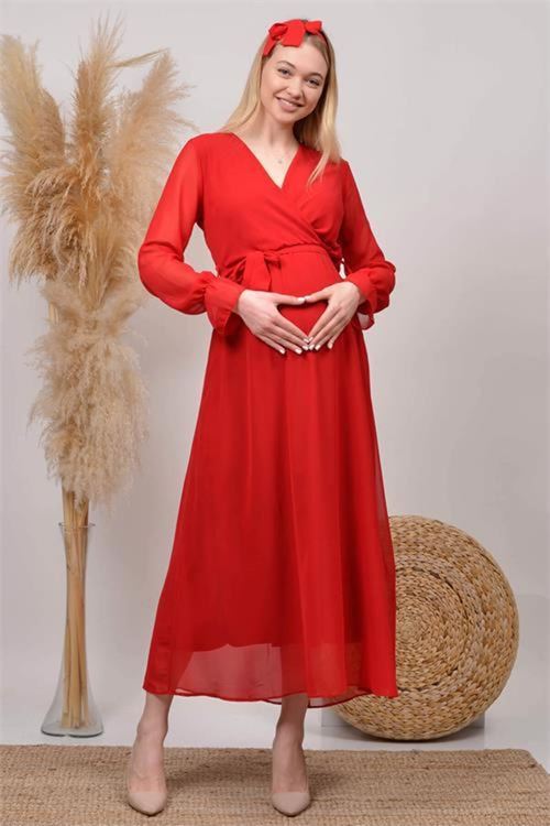 kadın kırmızı baby shower şifon hamile elbise DPHML003