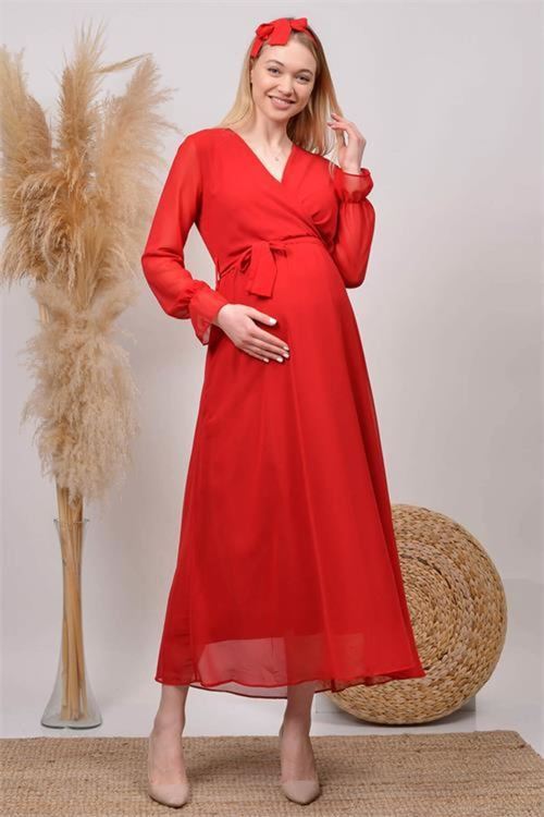 kadın kırmızı baby shower şifon hamile elbise DPHML003