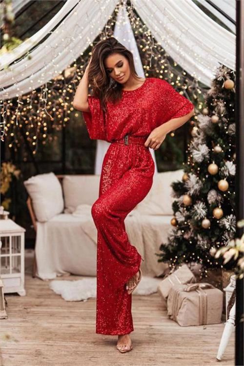 kadın kırmızı kemerli tasarım tulum DPEMP2350